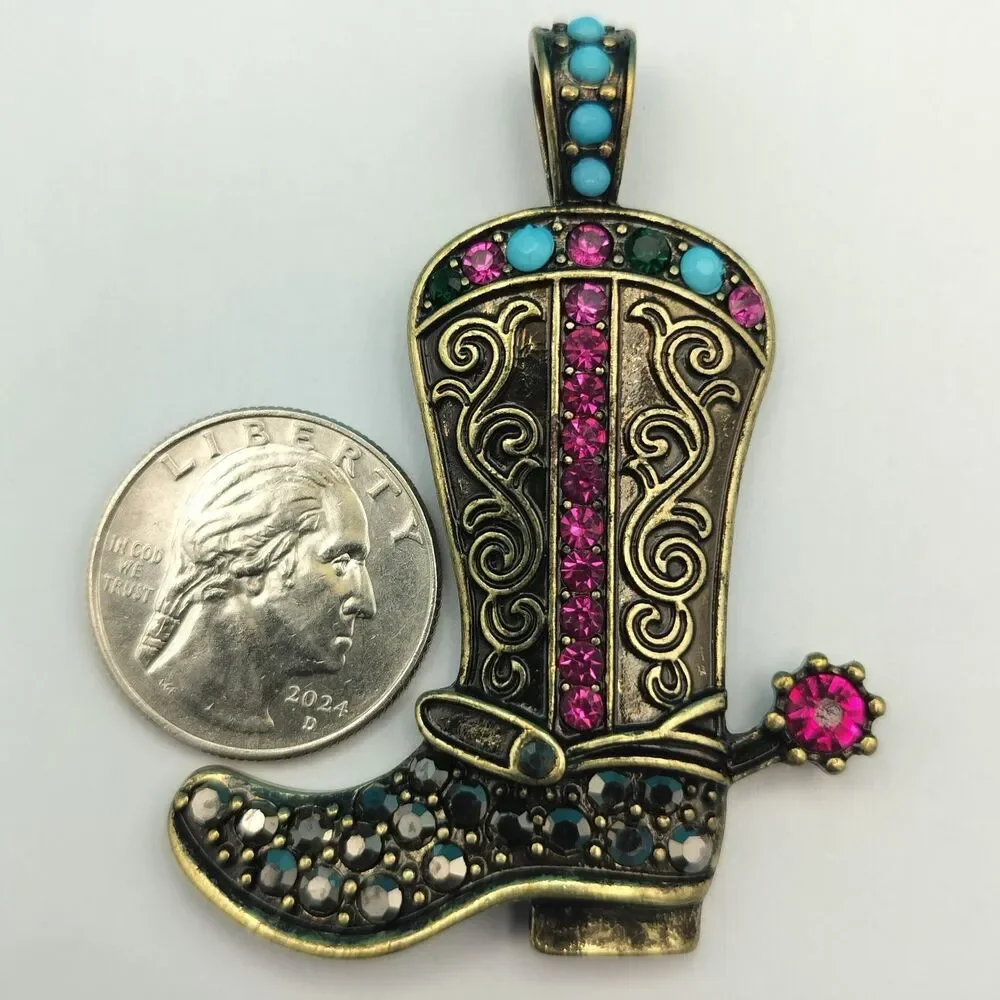 Western Cowboy Boot Pendant Rhinestone Antique Gold Tone Charm 2